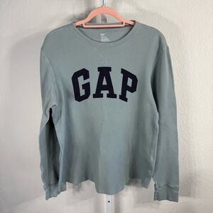 GAP Long Sleeve Blue Waffle Knit Thermal Logo Sweatshirt Pullover Top L Y2K Vibe